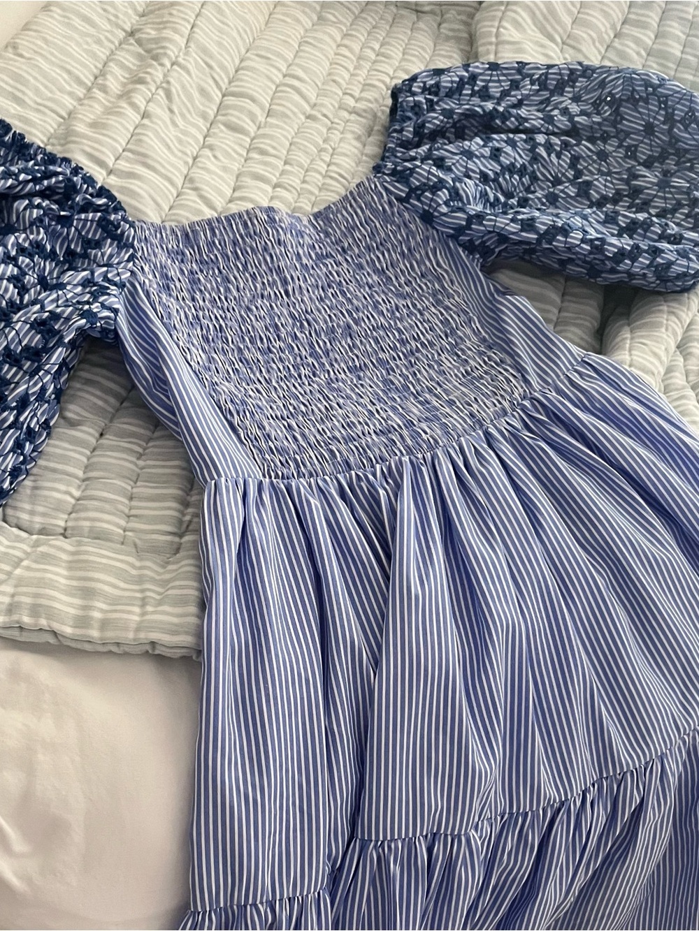 Lucy París , Blue Striped Puff-Sleeve Dress